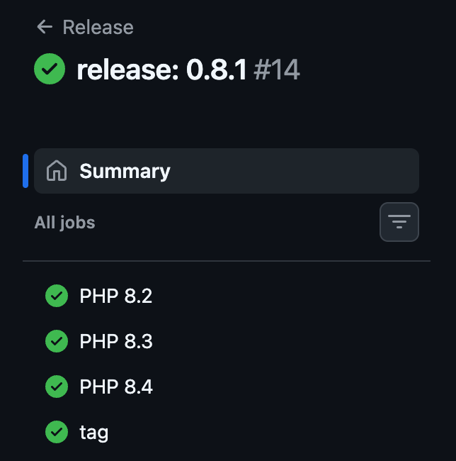 GitHub Actions showing passing tests and a successful release
