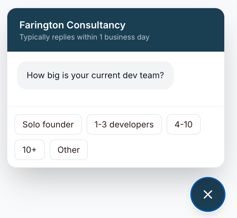 The guided button questions in the chat widget, asking what stage the product is at with four options