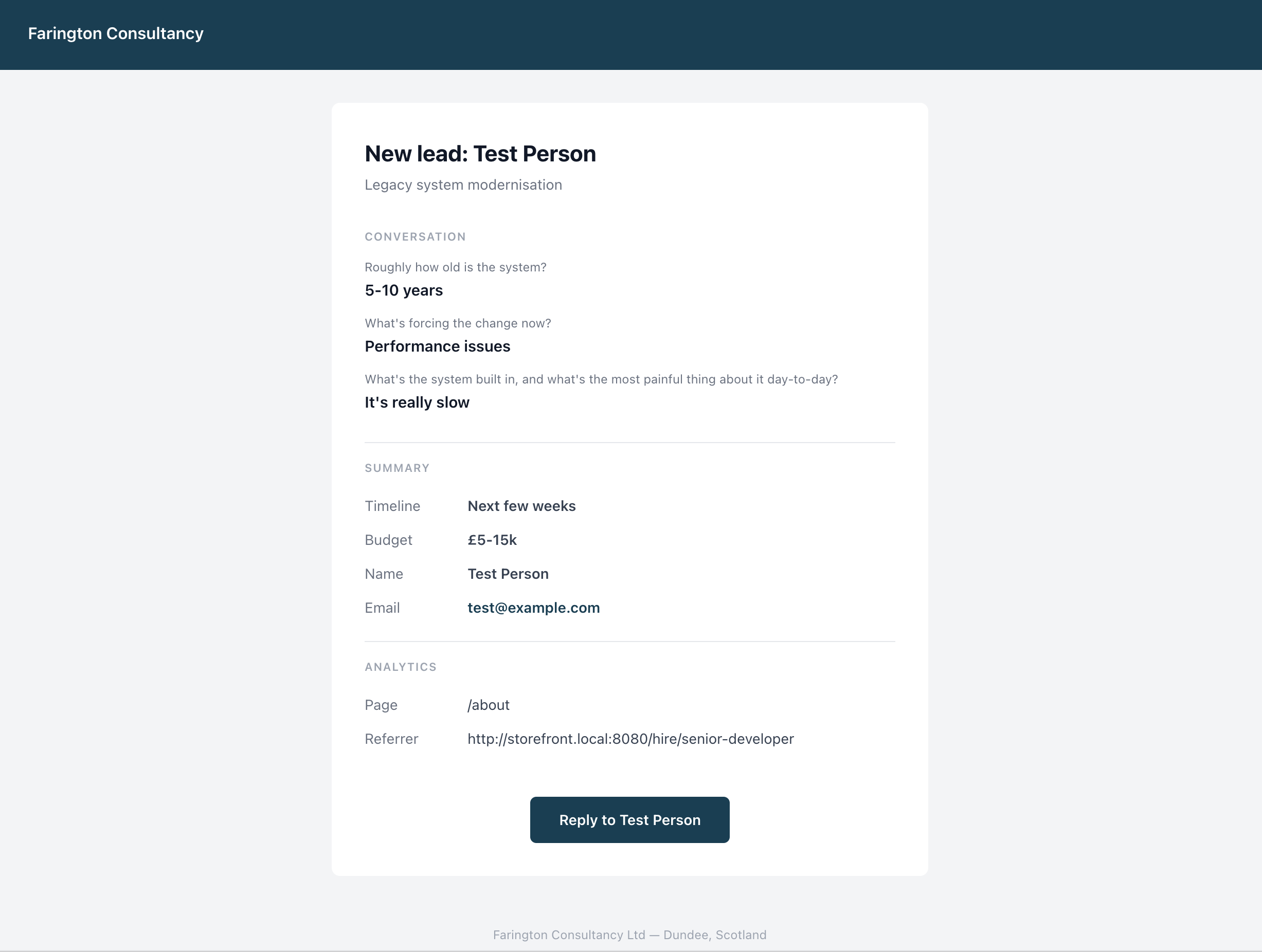 A branded HTML email showing conversation questions and answers, summary table, and analytics metadata